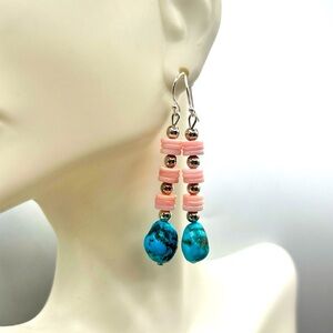 Stormy mountain Turquoise + Pink Concha Shell Sterling Silver Dangle earrings